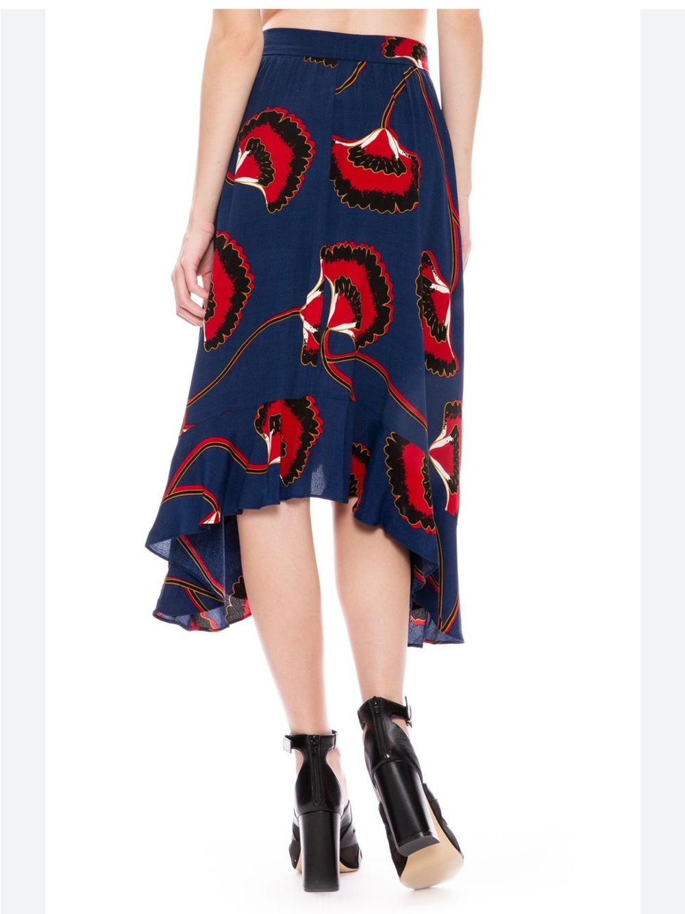 ba&sh Lena Asymmetric Ruffle Wrap Skirt Marine Navy Red Gingko Floral Midi-6 US